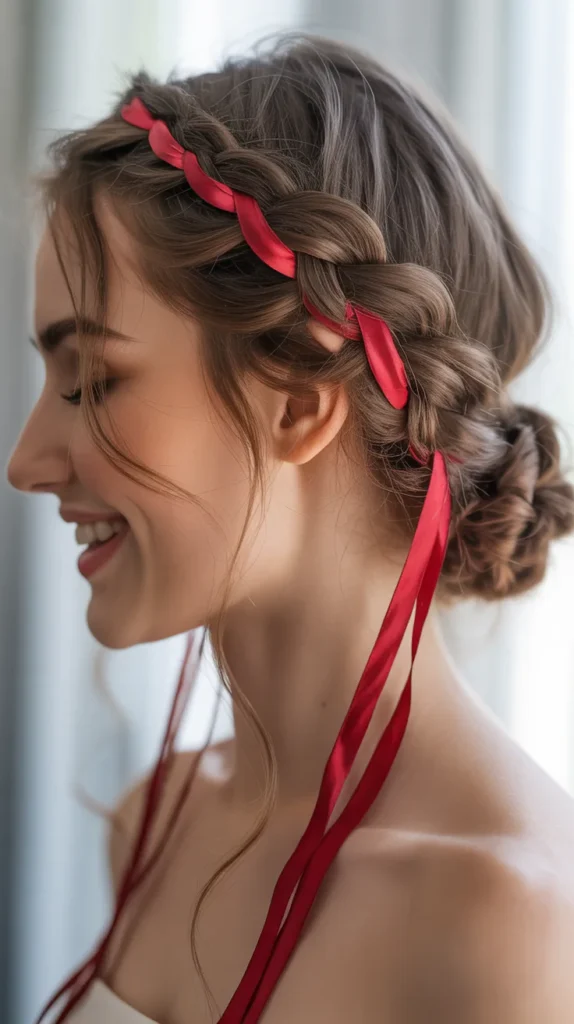 Braided Elf Low Bun with Red Ribbons