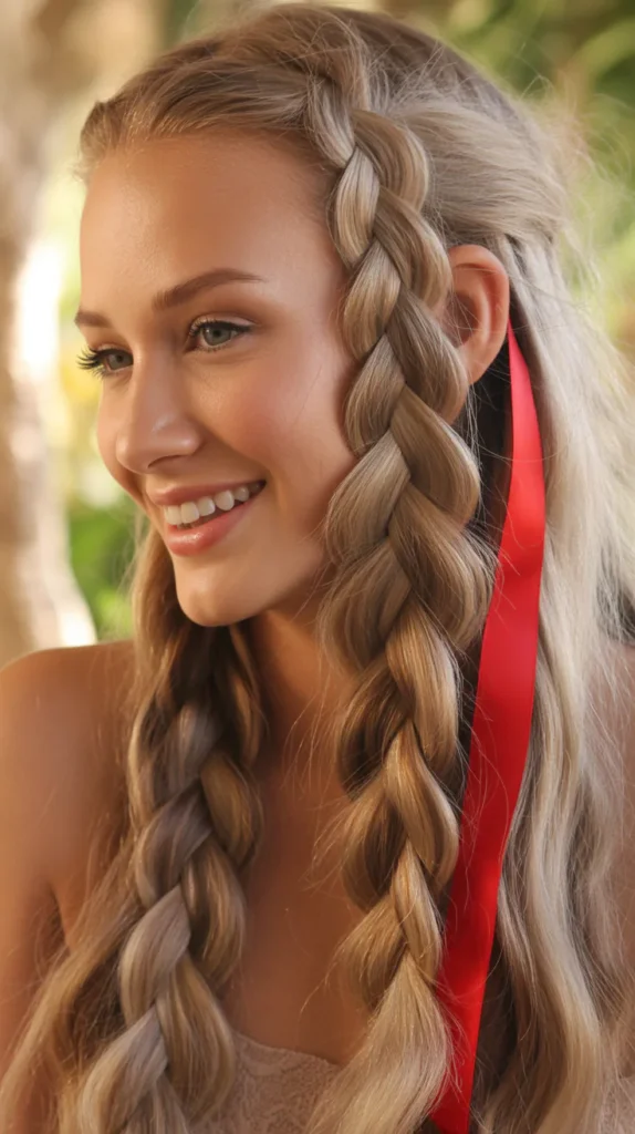 Elf-Inspired Waterfall Braid with Red Ribbon