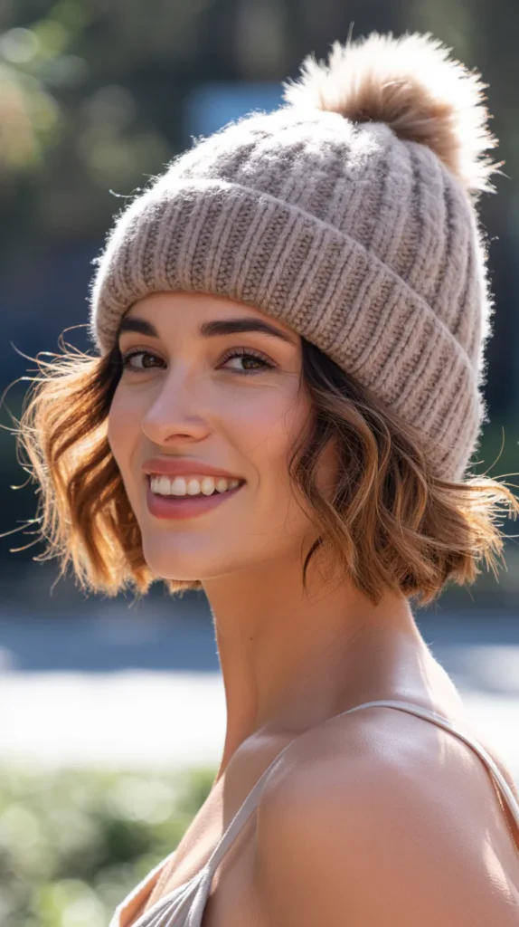 Wavy Bob with a Pom-Pom Beanie