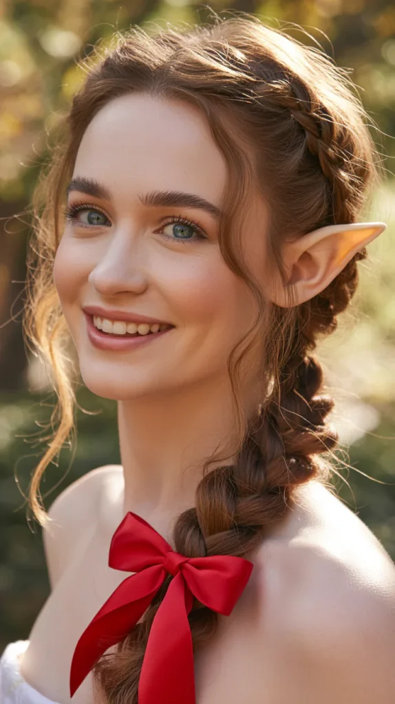 Elegant Elf French Braid with Red Bow