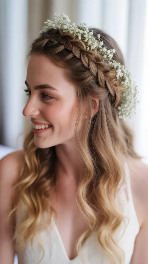 Braided Halo Half-Up, Half-Down Wedding Hairstyle