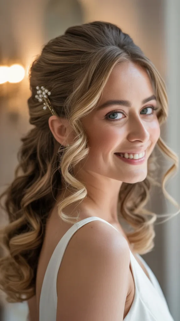 Classic Half-Up, Half-Down with Loose Curls Wedding Hairstyle