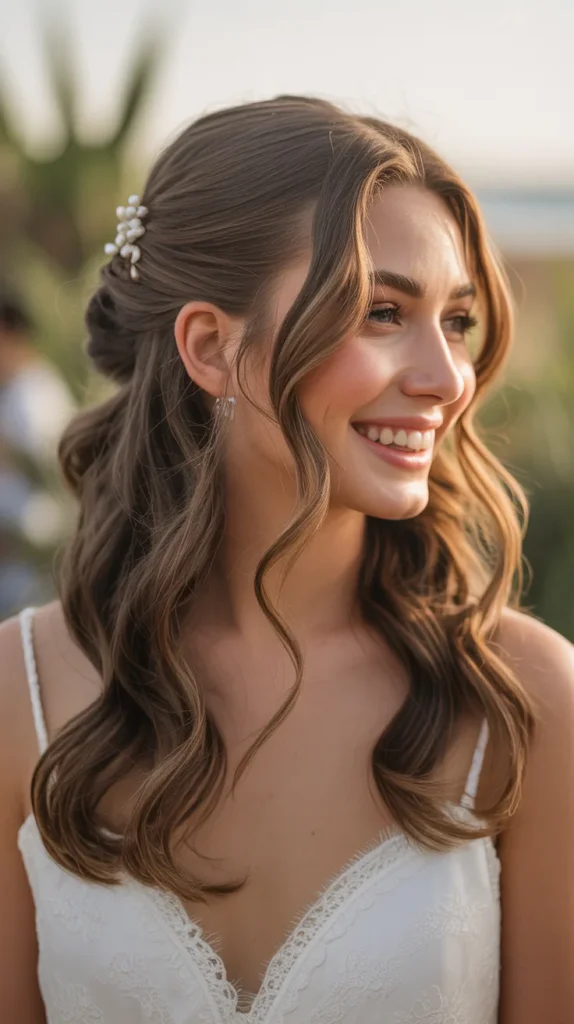 Soft Beach Waves Half-Up, Half-Down Wedding Hairstyle