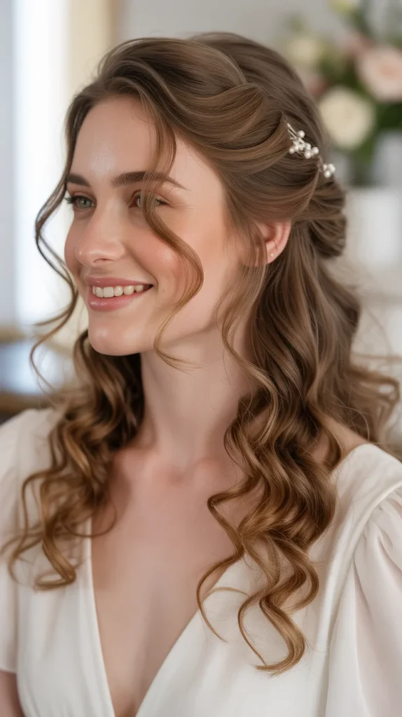 Loose Curls with Side Twist Half-Up, Half-Down Wedding Hairstyle