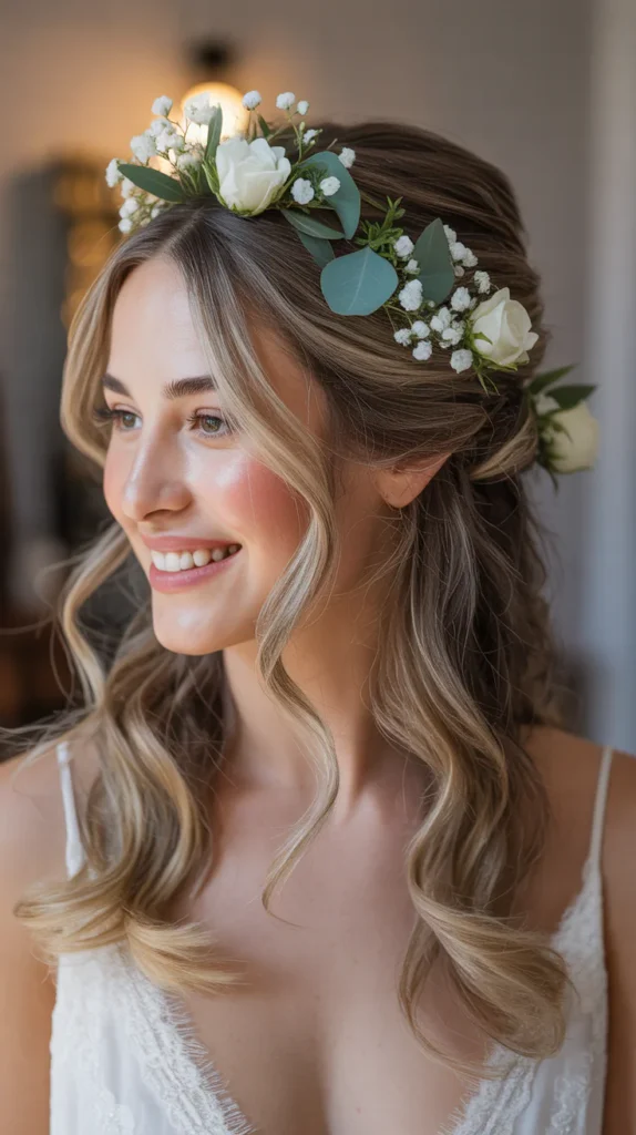 Half-Up, Half-Down with Floral Accents Wedding Hairstyle