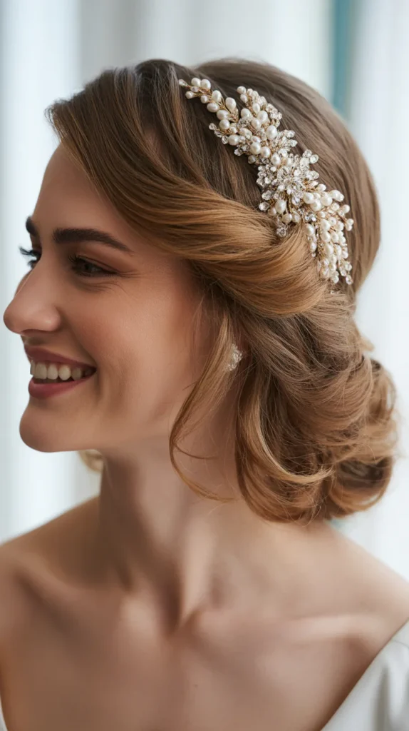 Half-Up, Half-Down with a Statement Hairpin Wedding Hairstyle