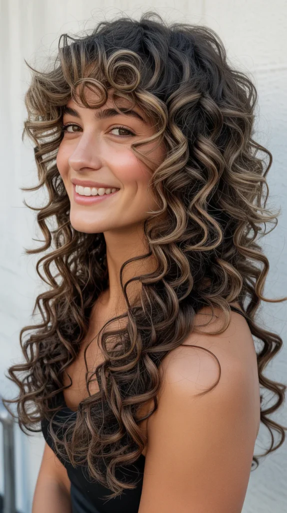 Long Curly Cut with Side Swept Bangs