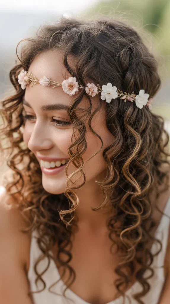  Floral Headband with Loose Curly Locks