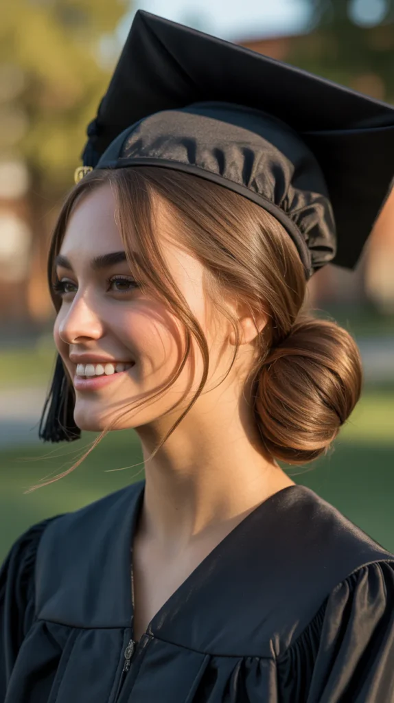 Sleek Low Bun with Side Swept Bangs