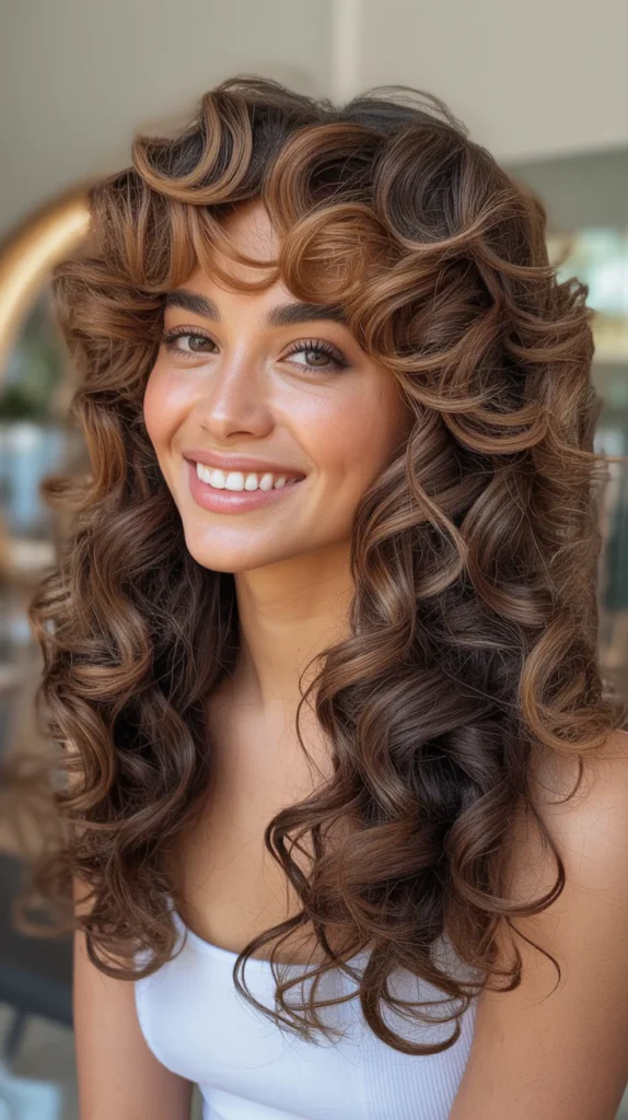 Long Curly Hair with Layered Bangs
