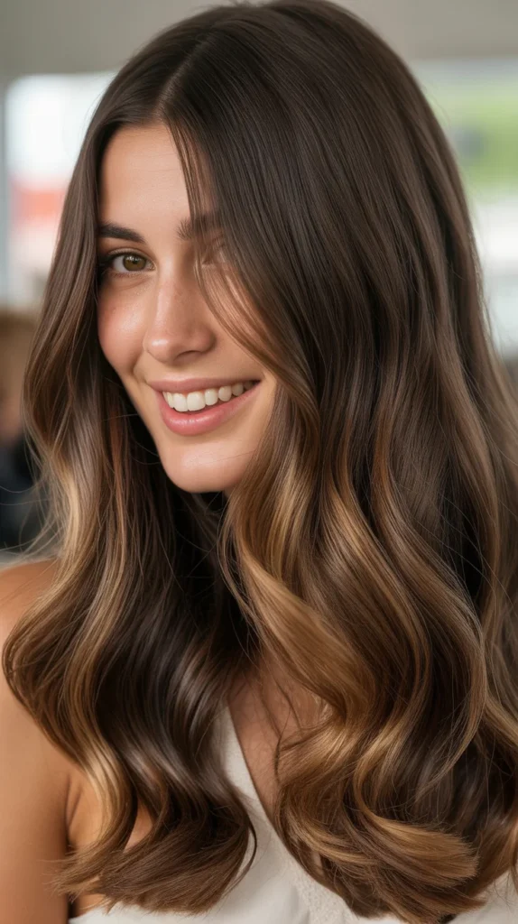 Chocolate Brown Balayage with Side Part