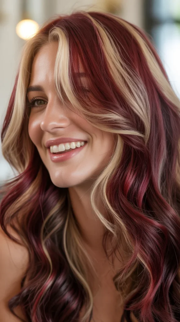 Burgundy Highlights on Blonde Hair