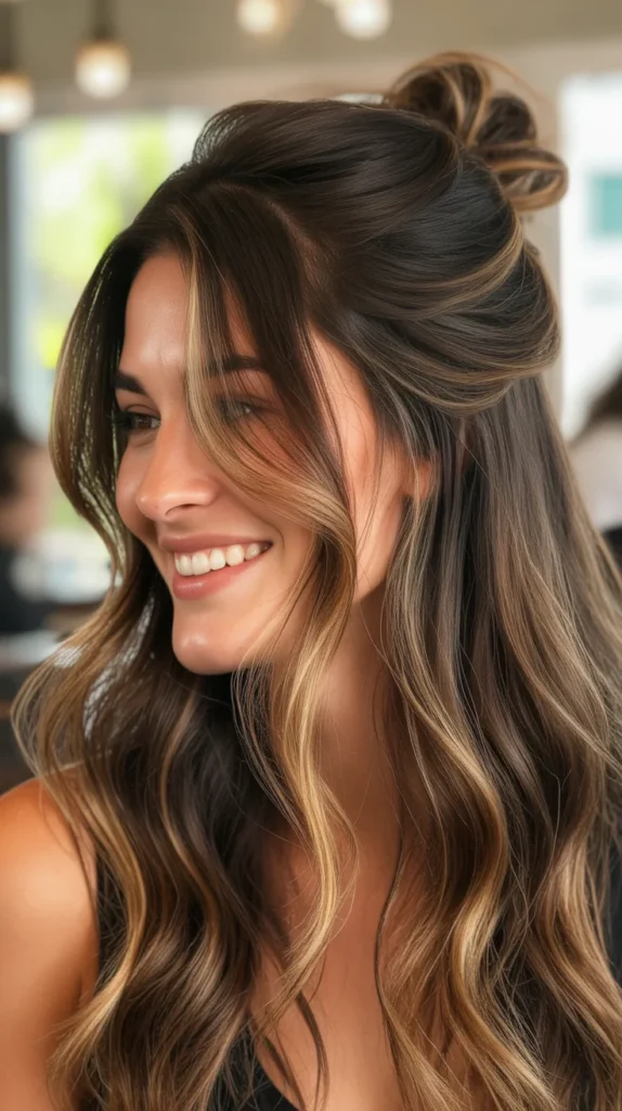 Chocolate Brown Balayage with a Messy Bun