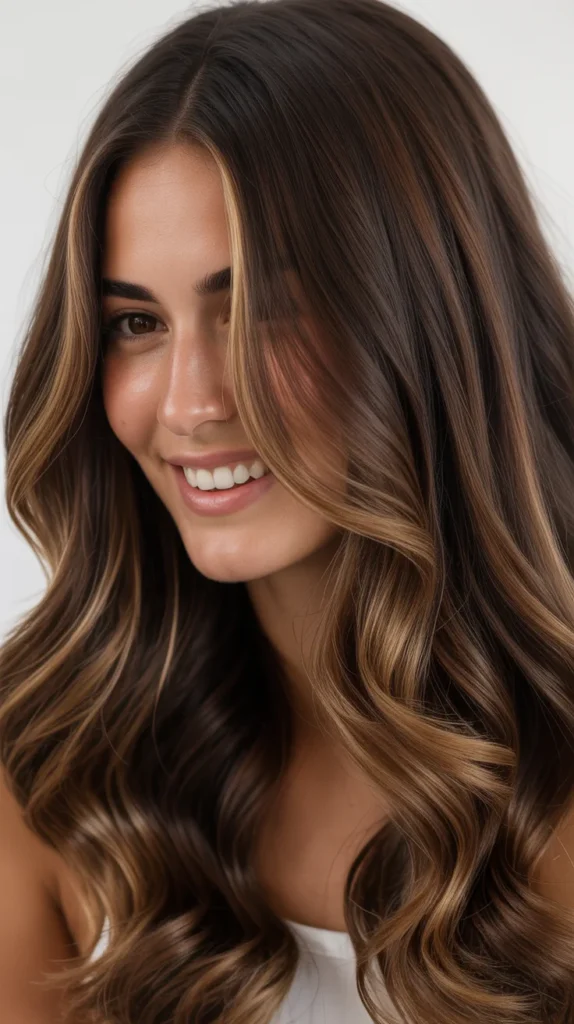 Chocolate Brown Balayage with Face-Framing Highlights