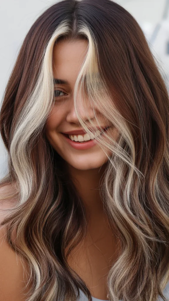 Chocolate Brown Balayage with Platinum Streaks