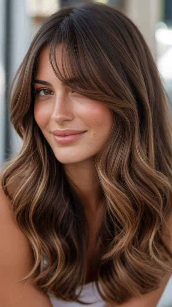 Chocolate Brown Balayage with Fringe