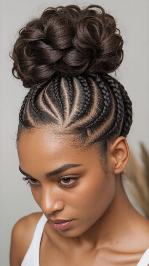 Scalp Braids for Black Women with Curled Bun