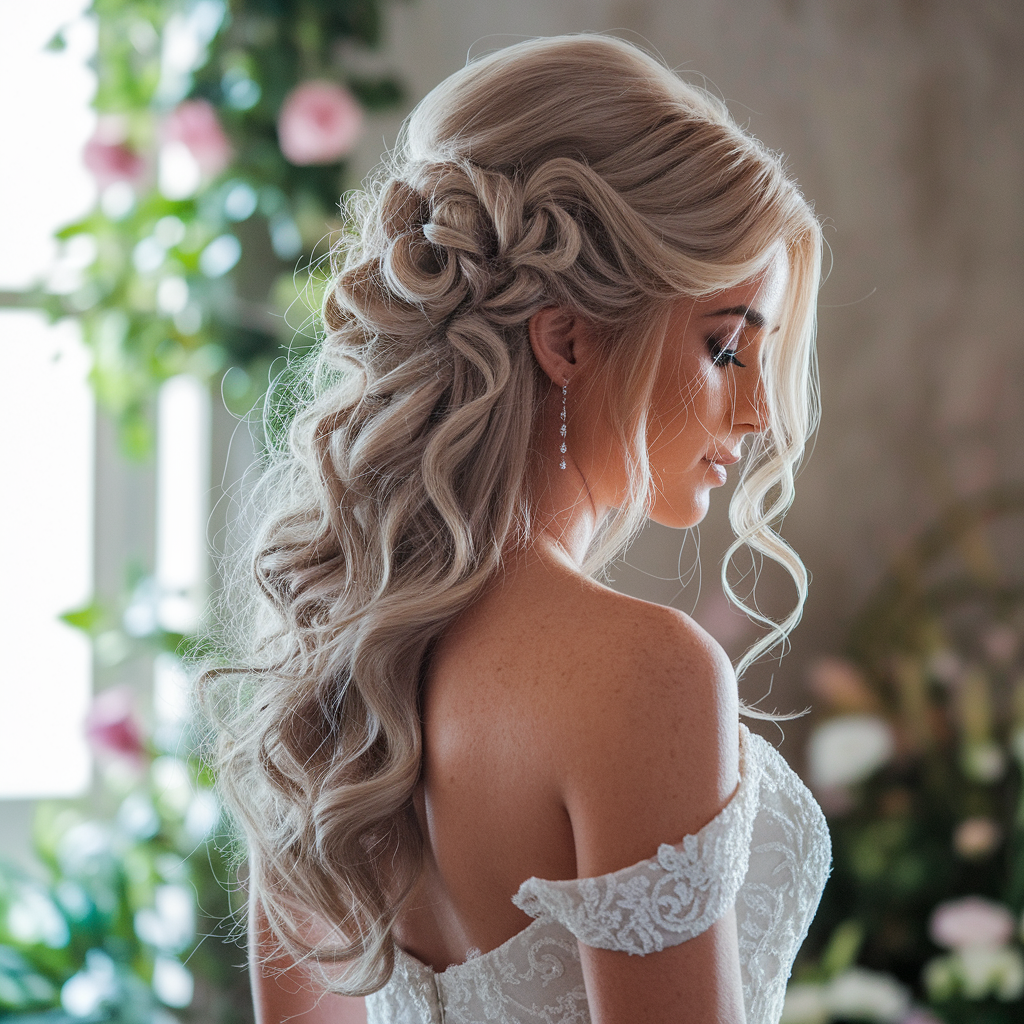 Half-up Half-down Wedding Hairstyles with Cascading Curls