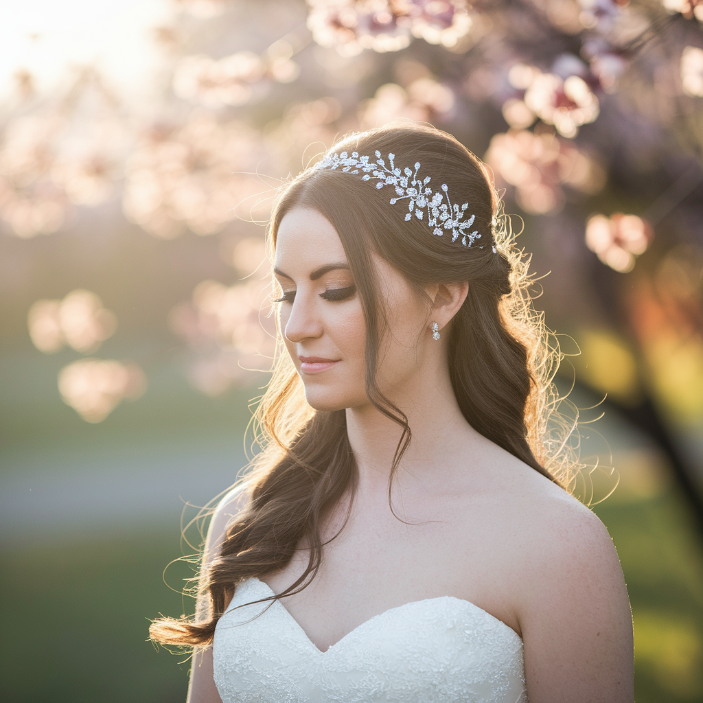 Half-up Half-down Wedding Hairstyles with a Sparkling Headpiece