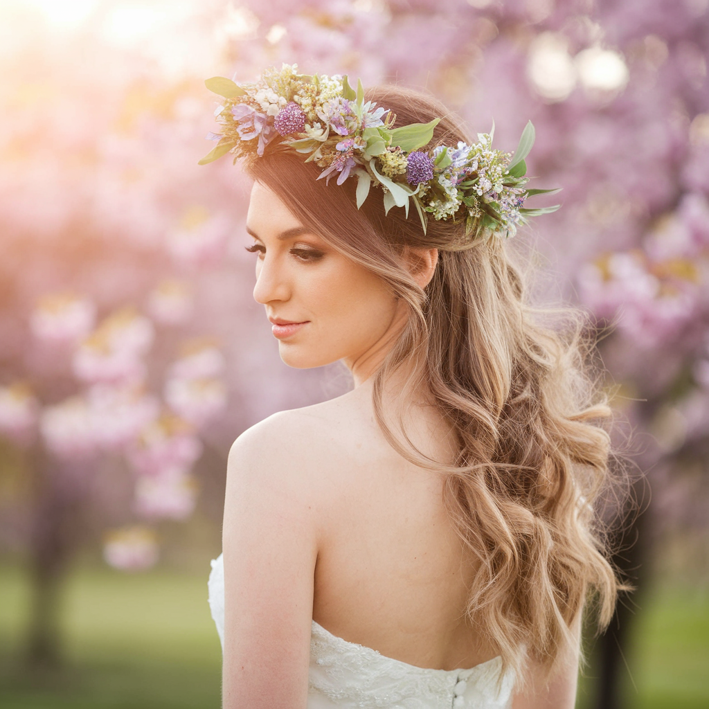 Half-up Half-down Wedding Hairstyles with a Flower Crown