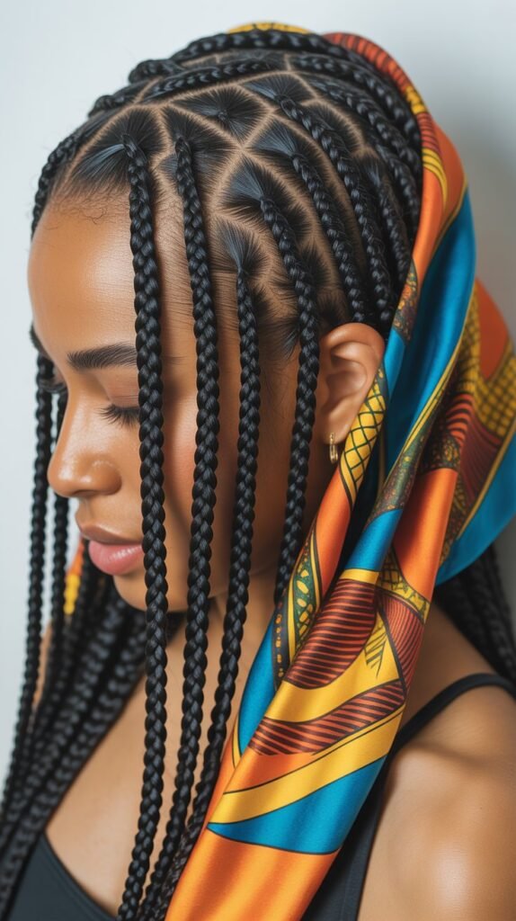 Feed-In Knotless Braids with a Decorative Scarf for an Extra Stylish Touch!