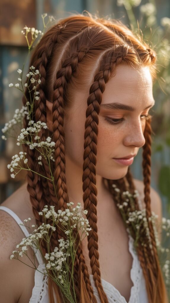 Creative Feed-In Knotless Braids with Floral Accents for a Bohemian Look!