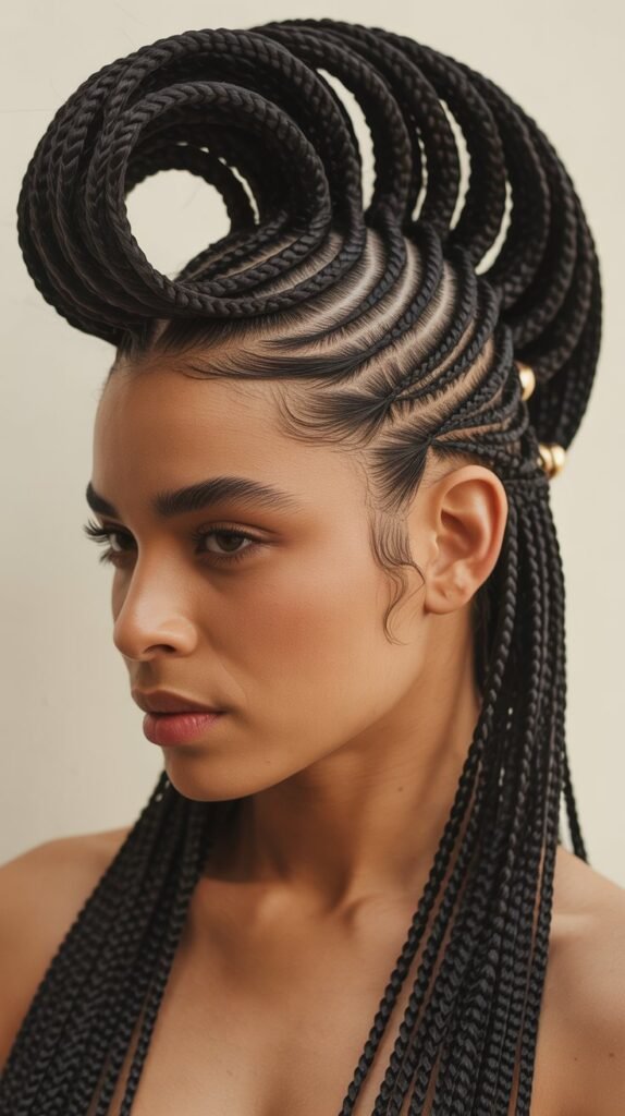 Fun Feed-In Knotless Braids with a Pompadour for a Retro Vibe!