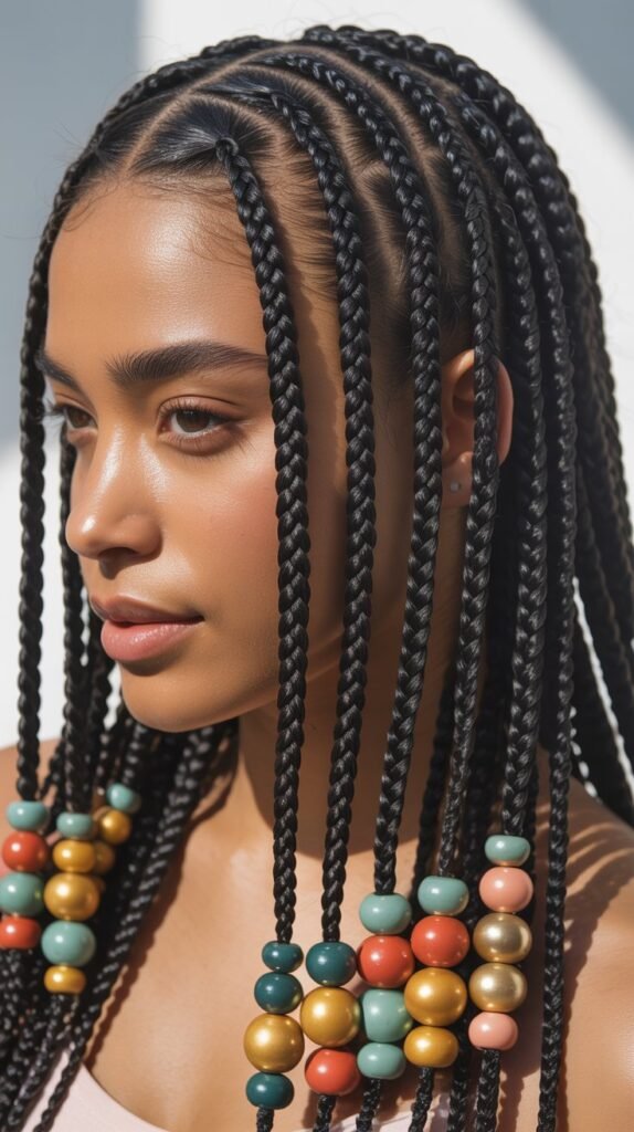 Cute Feed-In Knotless Braids with Beads for a Fun, Playful Style!