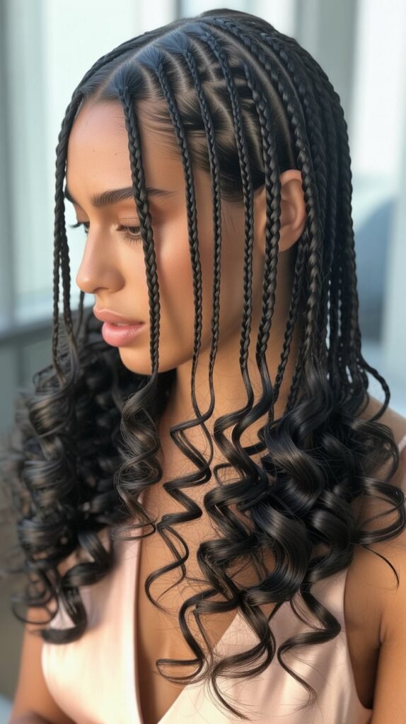  Lush Side Part Knotless Braids with Large Curled Ends