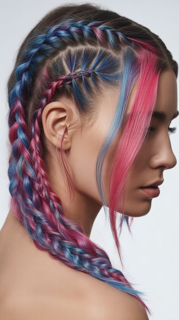 Edgy Side-Part Braids with Colorful Highlights