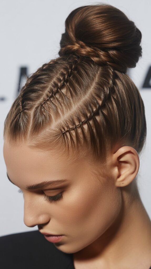 Side-Part Braids with a High Bun for a Sleek Finish