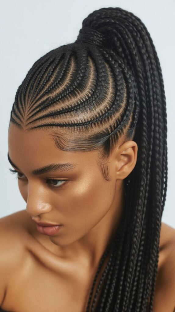 Chic Scalp Braids for Black Women in a Stunning Ponytail