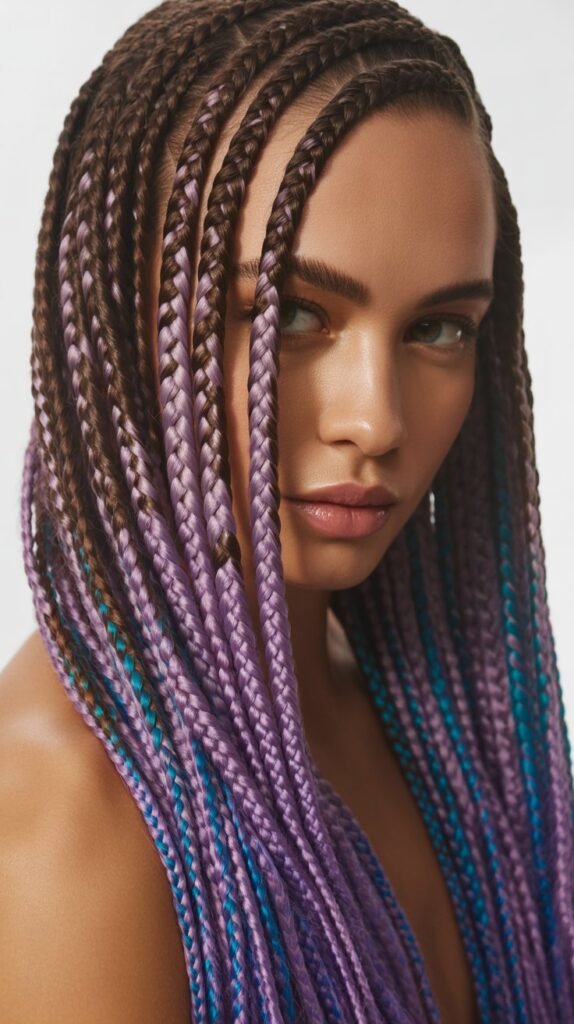 Dramatic Side Part Knotless Braids with a Bold Color Pop