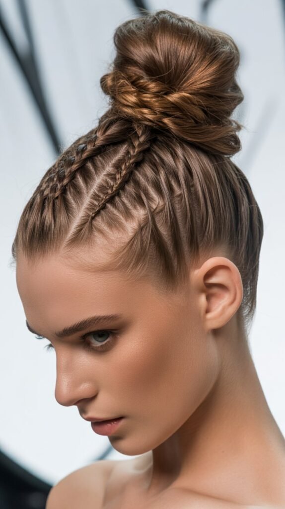 Side-Part Braids with a Top Knot for a Stylish Updo