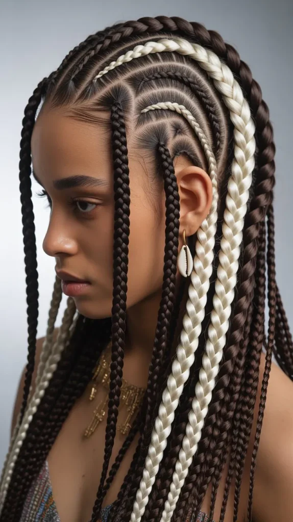 Dramatic Fulani Knotless Braids with Platinum Blonde Highlights