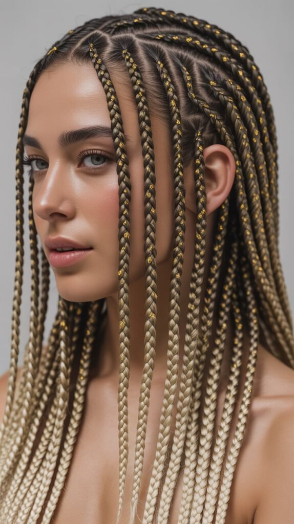 Glamorous Feed-In Knotless Braids with Gold Thread for a Touch of Luxury!