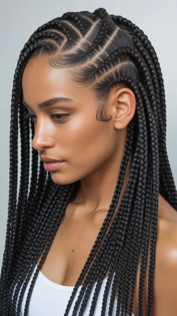 Sophisticated Side Part Knotless Braids with a Middle Fade