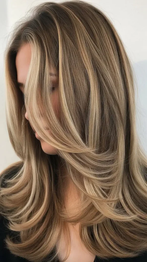 Layered Light Ash Brown Hair with Blonde Streaks