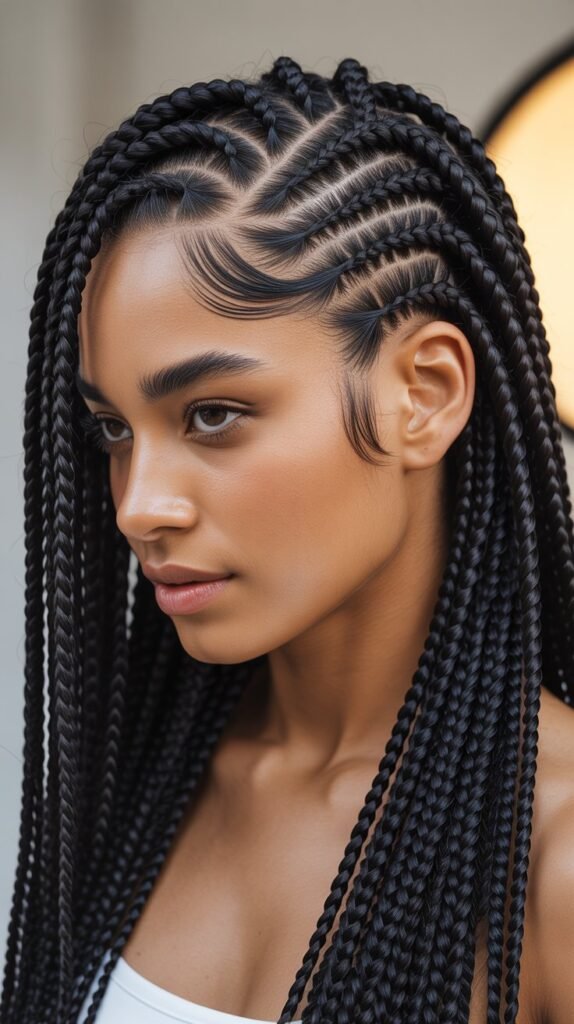 Modern Side Part Knotless Braids with a Side Fringe
