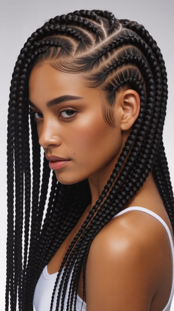 Edgy Feed-In Knotless Braids with Side Part for a Modern Twist!