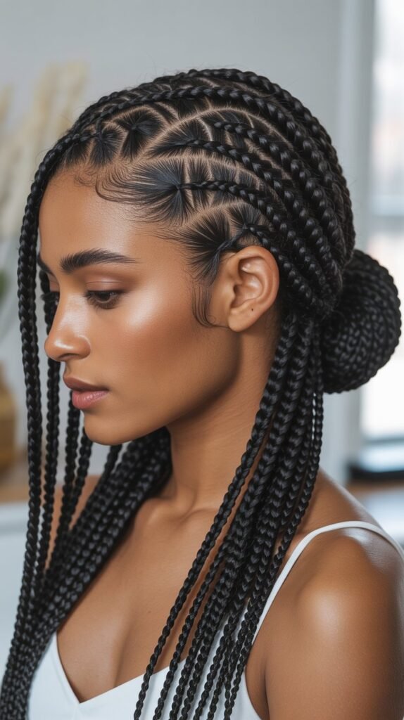 Effortlessly Elegant Feed-In Knotless Braids with a Low Bun for a Polished Finish!