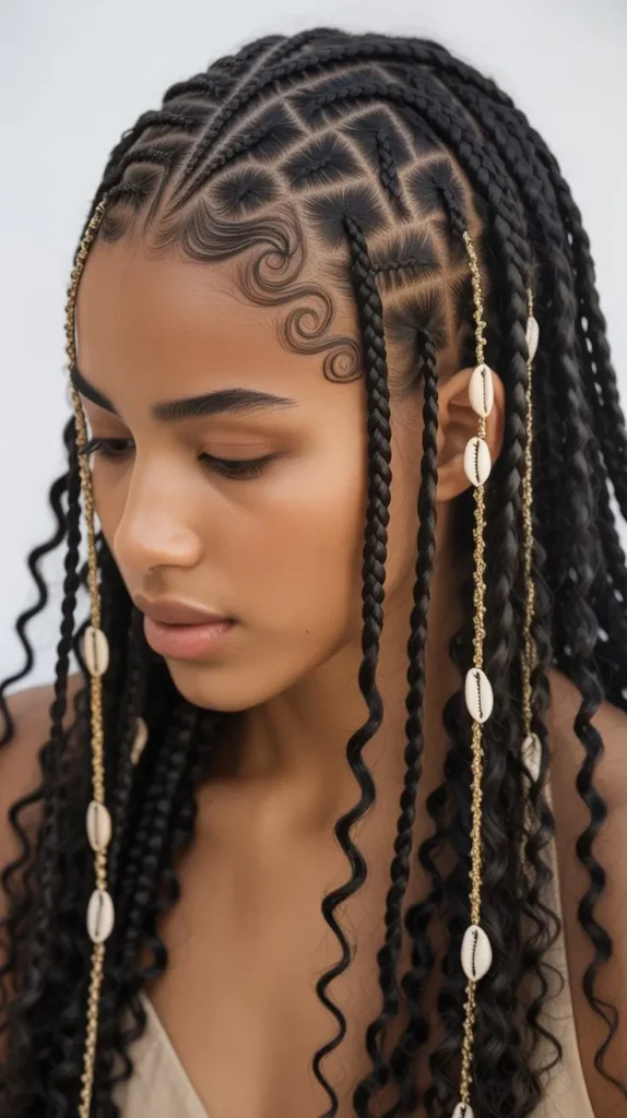  Stylish Fulani Knotless Braids with Curly Sideburns