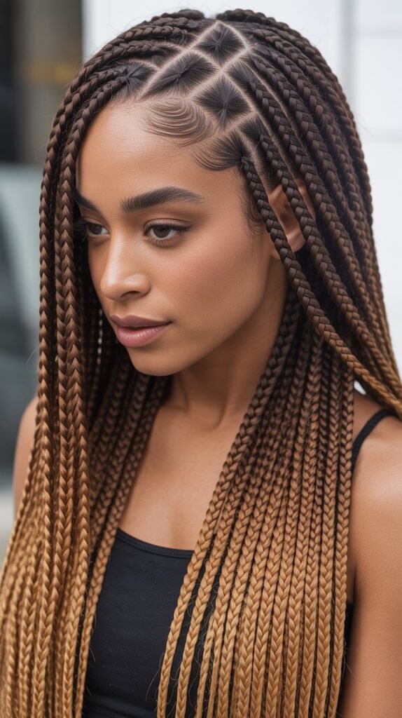 Trendy Feed-In Knotless Braids with Ombre Highlights for a Bold Effect!
