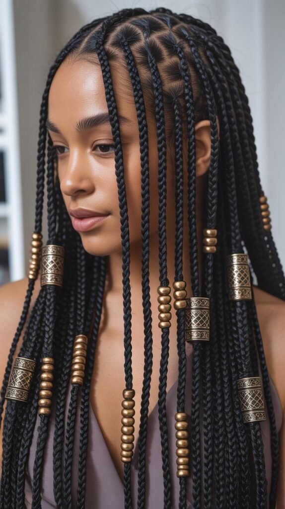 Dazzling Feed-In Knotless Braids with Beads and Cuffs for a Stylish Twist!