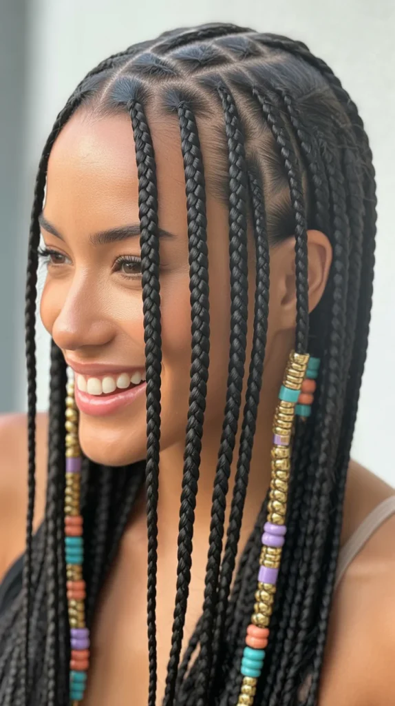 Straight Back Feed-In Braids with Colorful Beads