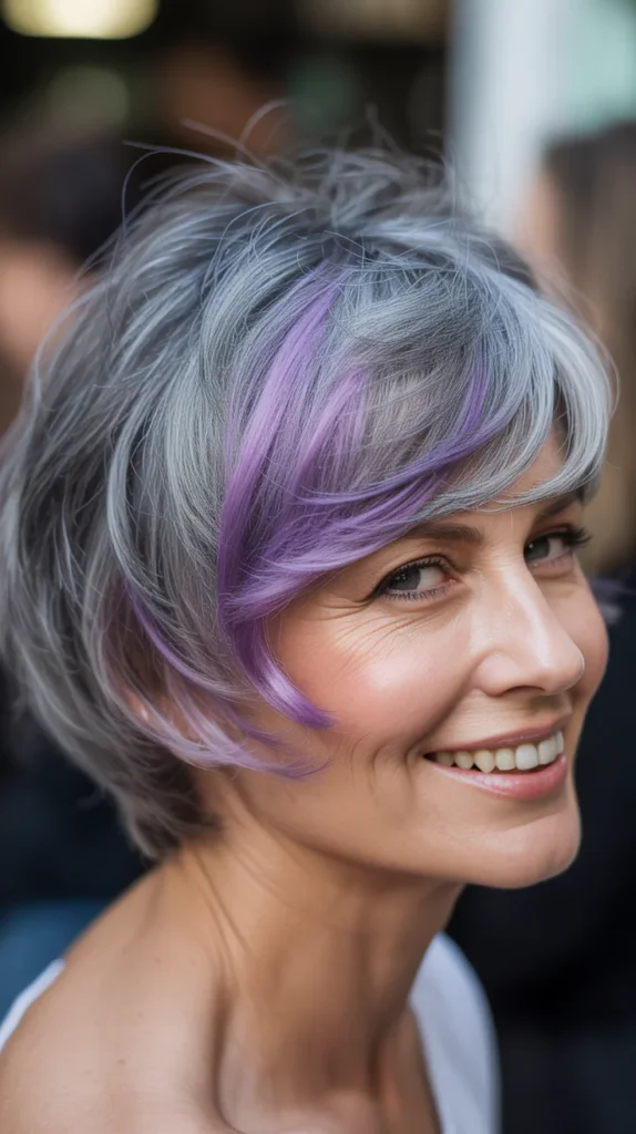 Choppy Short Gray Hair with Purple Lowlights for Women Over 50