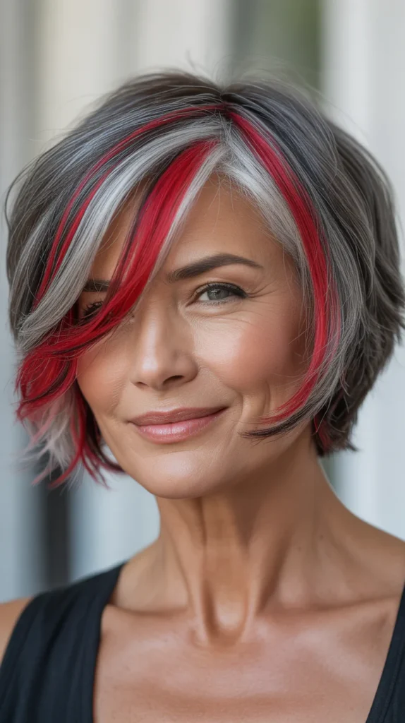 Striking Red Lowlights on Gray Hair for Women Over 50
