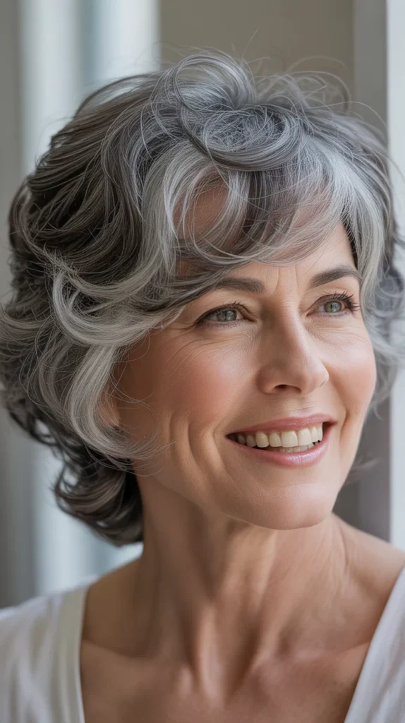Short Gray Hair with Lowlights and Volume for Women Over 50