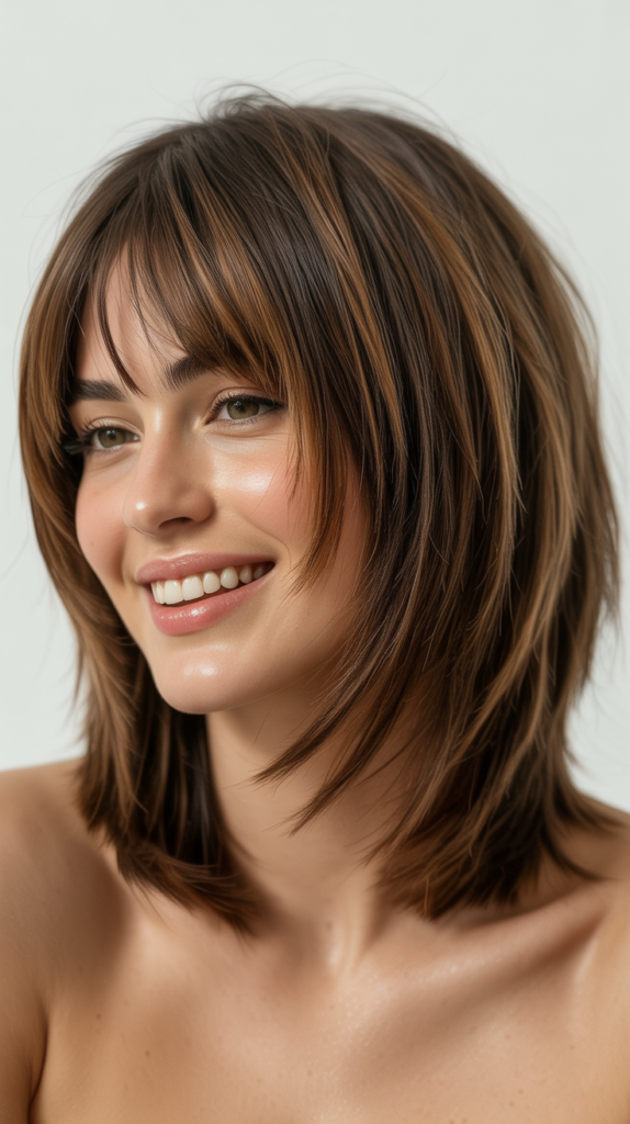 Shaggy Lob with Bangs for Round Faces