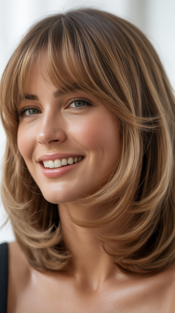 Lob Haircuts with Wispy Layers and Bangs